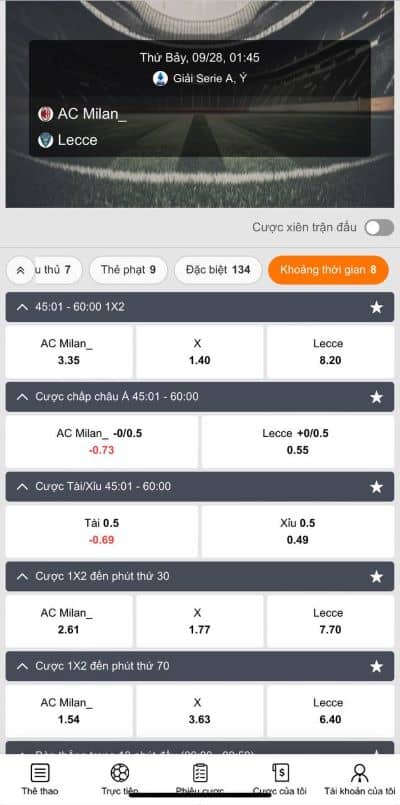 Chọn trận đấu và loại kèo rung